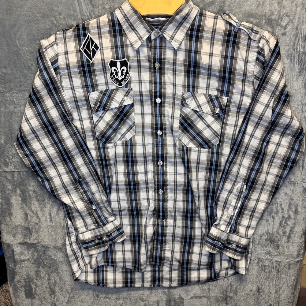 2000 | Kani Gold Plaid Urban Hip Hop Fitted Button Down Shirt Black Blue Mens XL